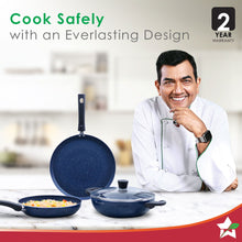 Load image into Gallery viewer, Galaxy Cookware 4 Piece Set | 24 cm Kadhai with Lid, 24 cm Fry Pan, 28 cm Dosa Tawa | Induction Friendly | Cool Touch Bakelite Handles | Pure Grade Aluminium| PFOA Free| 2 Years Warranty | Midnight Blue