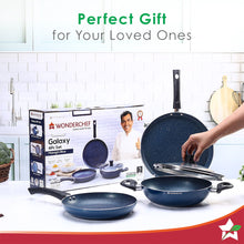 Load image into Gallery viewer, Galaxy Cookware 4 Piece Set | 24 cm Kadhai with Lid, 24 cm Fry Pan, 28 cm Dosa Tawa | Induction Friendly | Cool Touch Bakelite Handles | Pure Grade Aluminium| PFOA Free| 2 Years Warranty | Midnight Blue