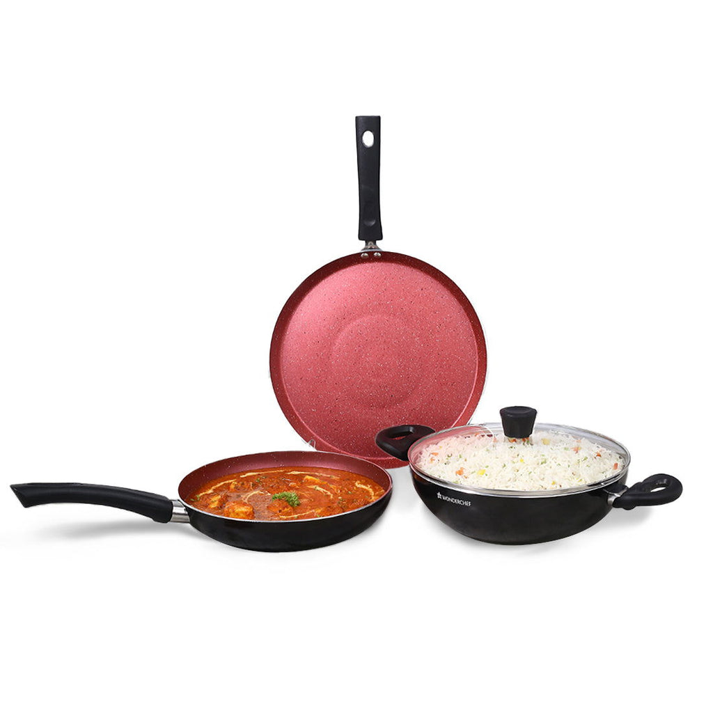 Galaxy Cookware 4 Piece Set | Kadhai with Lid, Fry Pan, Dosa Tawa | Induction Friendly | Cool Touch Bakelite Handles | Pure Grade Aluminium| PFOA Free| 2 Years Warranty | Brick Red