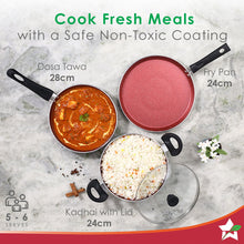 Load image into Gallery viewer, Galaxy Cookware 4 Piece Set | Kadhai with Lid, Fry Pan, Dosa Tawa | Induction Friendly | Cool Touch Bakelite Handles | Pure Grade Aluminium| PFOA Free| 2 Years Warranty | Brick Red