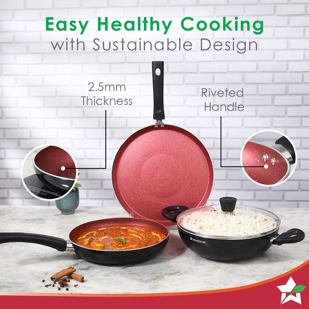 Galaxy Cookware 4 Piece Set | Kadhai with Lid, Fry Pan, Dosa Tawa | Induction Friendly | Cool Touch Bakelite Handles | Pure Grade Aluminium| PFOA Free| 2 Years Warranty | Brick Red