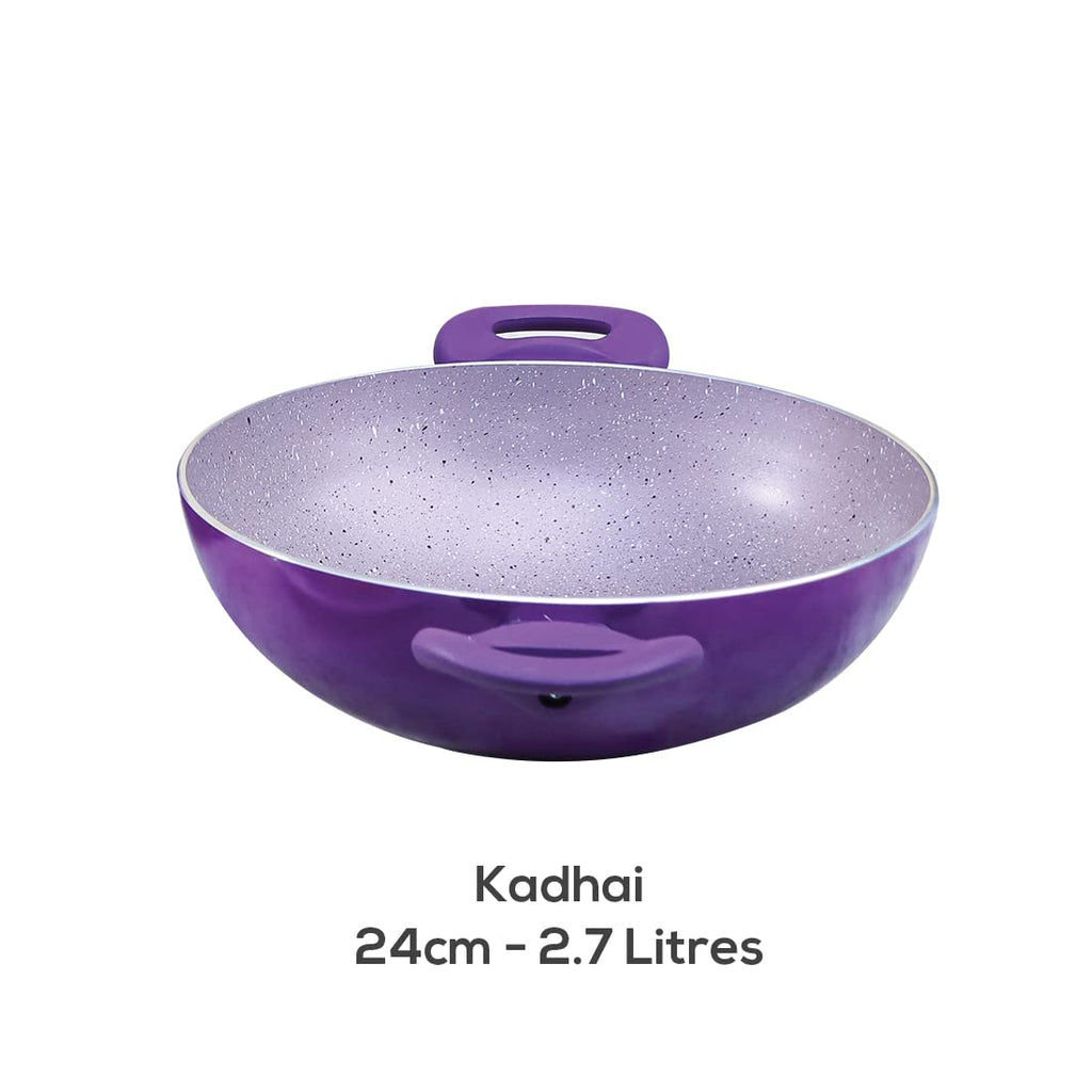 Galaxy Festival 4pcs Cookware Set | Casserole with Lid, Fry Pan, Kadhai | Induction Friendly | Cool Touch Bakelite Handles | Pure Grade Aluminium| PFOA Free| 2 Years Warranty | Purple