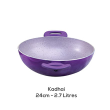 Load image into Gallery viewer, Galaxy Festival 4pcs Cookware Set | Casserole with Lid, Fry Pan, Kadhai | Induction Friendly | Cool Touch Bakelite Handles | Pure Grade Aluminium| PFOA Free| 2 Years Warranty | Purple