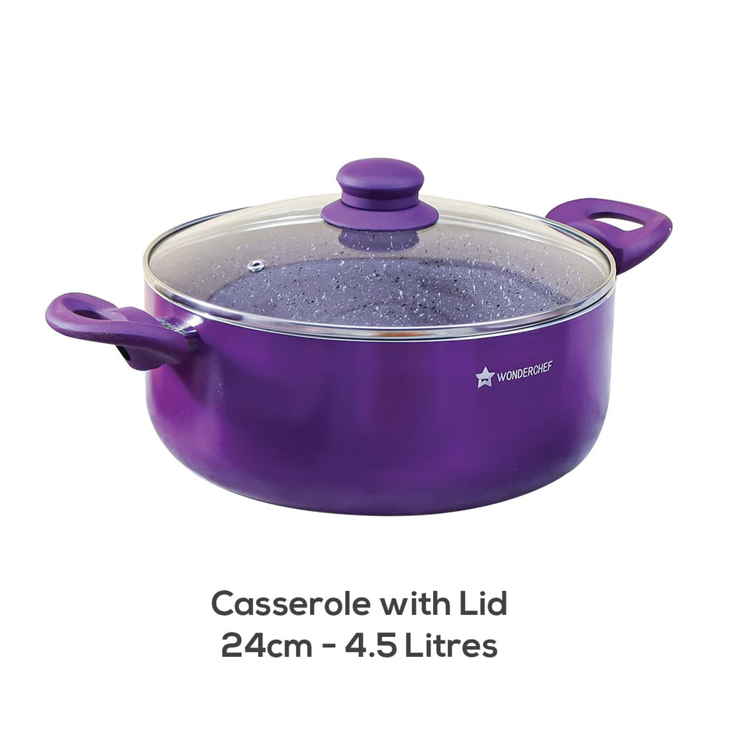 Galaxy Festival 4pcs Cookware Set | Casserole with Lid, Fry Pan, Kadhai | Induction Friendly | Cool Touch Bakelite Handles | Pure Grade Aluminium| PFOA Free| 2 Years Warranty | Purple