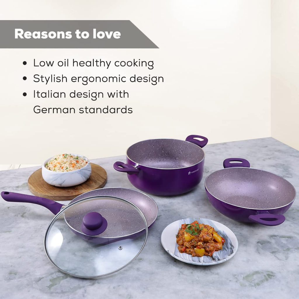 Galaxy Festival 4pcs Cookware Set | Casserole with Lid, Fry Pan, Kadhai | Induction Friendly | Cool Touch Bakelite Handles | Pure Grade Aluminium| PFOA Free| 2 Years Warranty | Purple