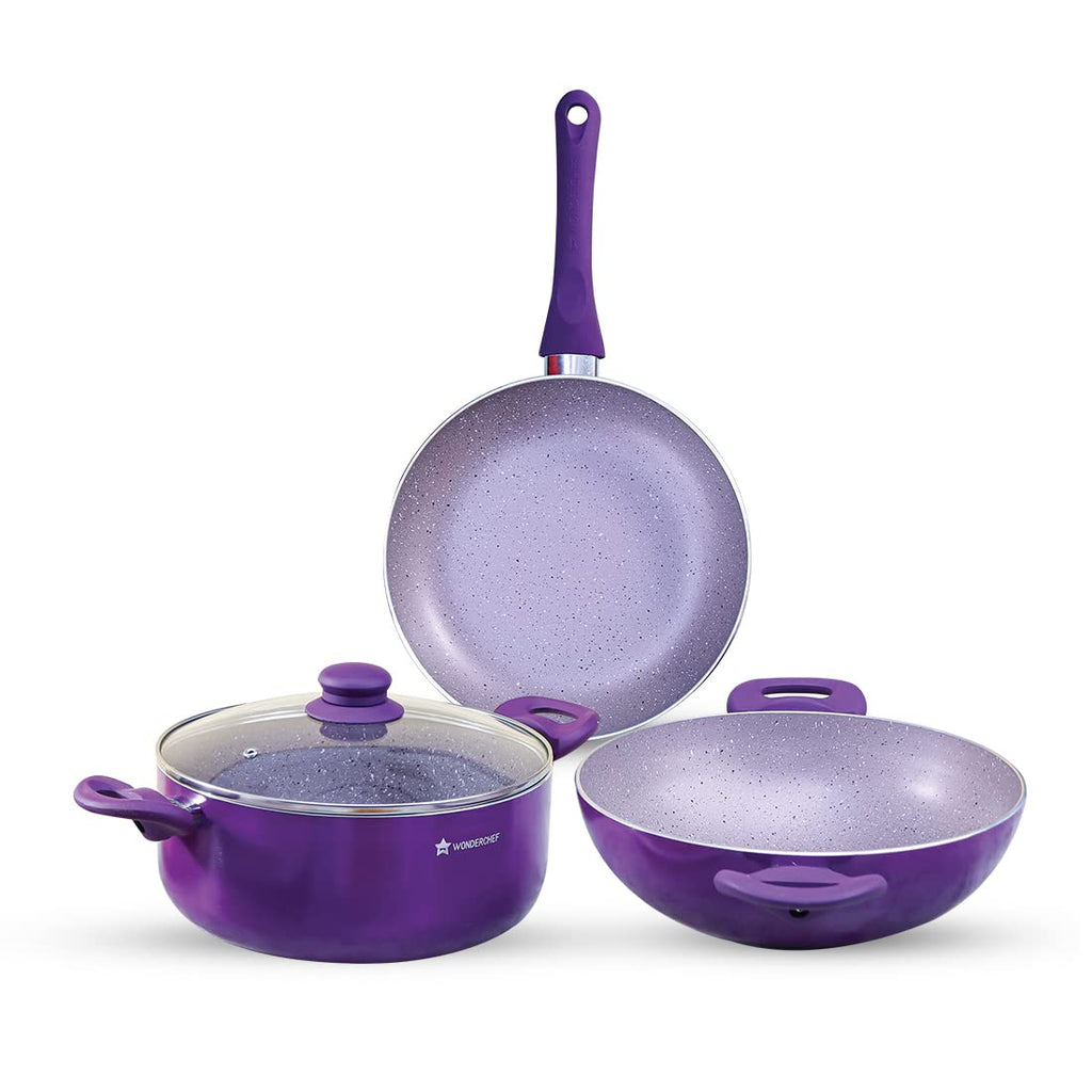 Galaxy Festival 4pcs Cookware Set | Casserole with Lid, Fry Pan, Kadhai | Induction Friendly | Cool Touch Bakelite Handles | Pure Grade Aluminium| PFOA Free| 2 Years Warranty | Purple