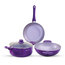 Load image into Gallery viewer, Galaxy Festival 4pcs Cookware Set | Casserole with Lid, Fry Pan, Kadhai | Induction Friendly | Cool Touch Bakelite Handles | Pure Grade Aluminium| PFOA Free| 2 Years Warranty | Purple