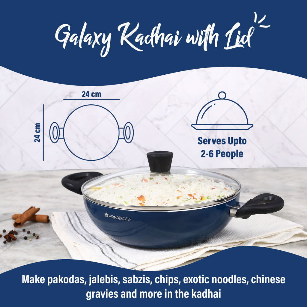 Galaxy Kadhai with Lid 24 cm, 2 litres, Midnight Blue, 2 Years Warranty