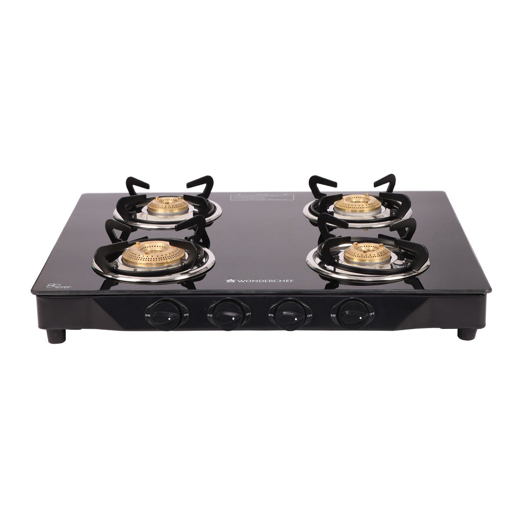 Glory 4 Burner Glass Cooktop, Black 8mm Toughened Glass with 2 Years Warranty, Ergonomic Knobs, Stainless Steel Drip Tray, Manual Ignition Gas Stove