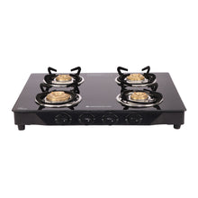 Load image into Gallery viewer, Glory 4 Burner Glass Cooktop, Black 8mm Toughened Glass with 2 Years Warranty, Ergonomic Knobs, Stainless Steel Drip Tray, Manual Ignition Gas Stove