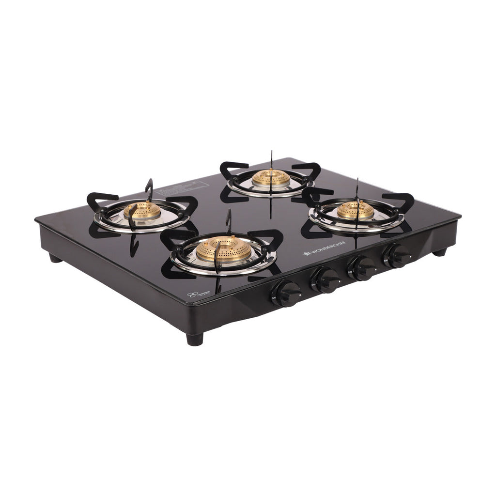 Glory 4 Burner Glass Cooktop, Black 8mm Toughened Glass with 2 Years Warranty, Ergonomic Knobs, Stainless Steel Drip Tray, Manual Ignition Gas Stove