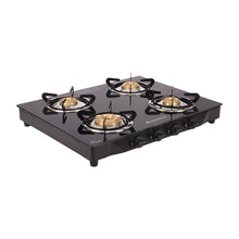 Load image into Gallery viewer, Glory 4 Burner Glass Cooktop, Black 8mm Toughened Glass with 2 Years Warranty, Ergonomic Knobs, Stainless Steel Drip Tray, Manual Ignition Gas Stove