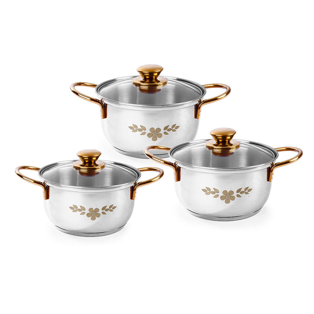 Gold Stanton Stainless Steel 3 piece Casserole Set with Glass Lid | Golden knobs and handles | Induction & Gas Stove friendly | Set of 3 (1.6L, 2.3L, 3.1L) | 1 Year Warranty