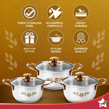 Load image into Gallery viewer, Gold Stanton Stainless Steel 3 piece Casserole Set with Glass Lid | Golden knobs and handles | Induction &amp; Gas Stove friendly | Set of 3 (1.6L, 2.3L, 3.1L) | 1 Year Warranty