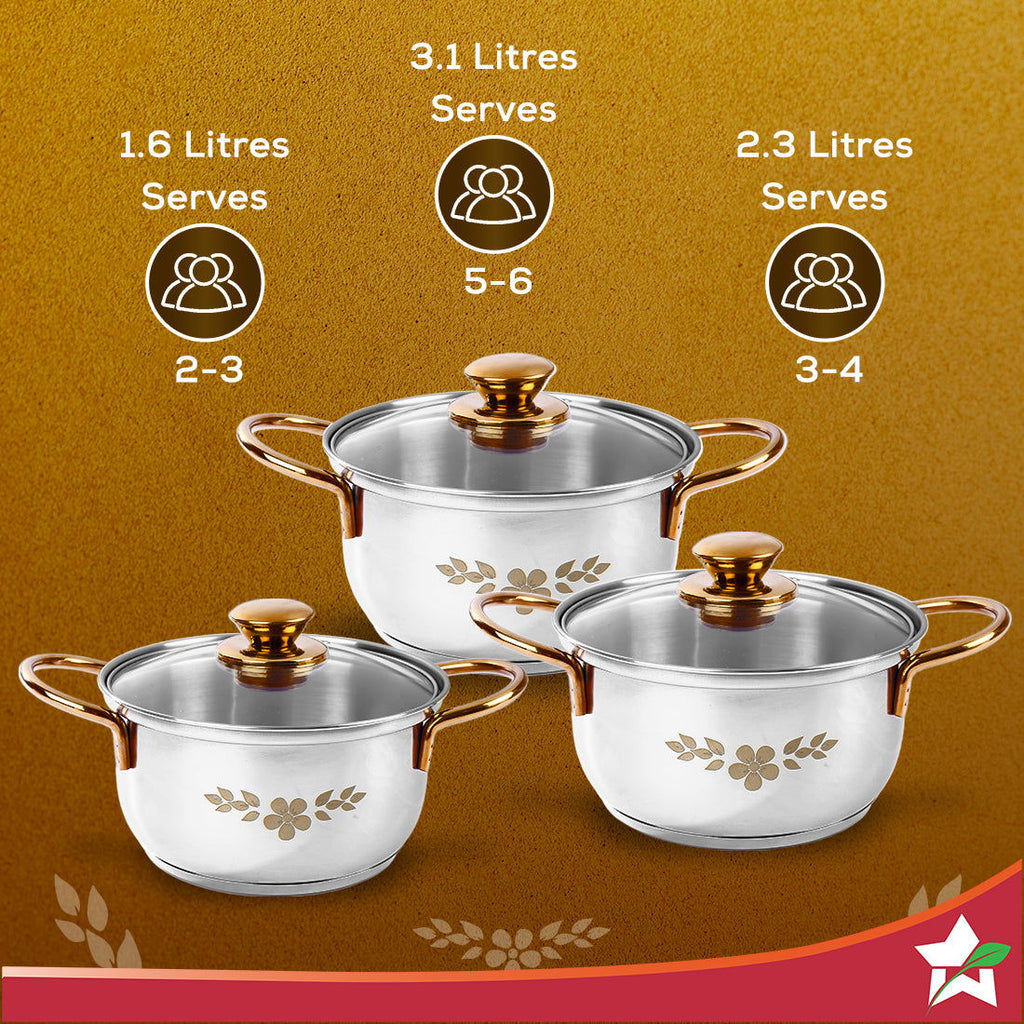 Gold Stanton Stainless Steel 3 piece Casserole Set with Glass Lid | Golden knobs and handles | Induction & Gas Stove friendly | Set of 3 (1.6L, 2.3L, 3.1L) | 1 Year Warranty