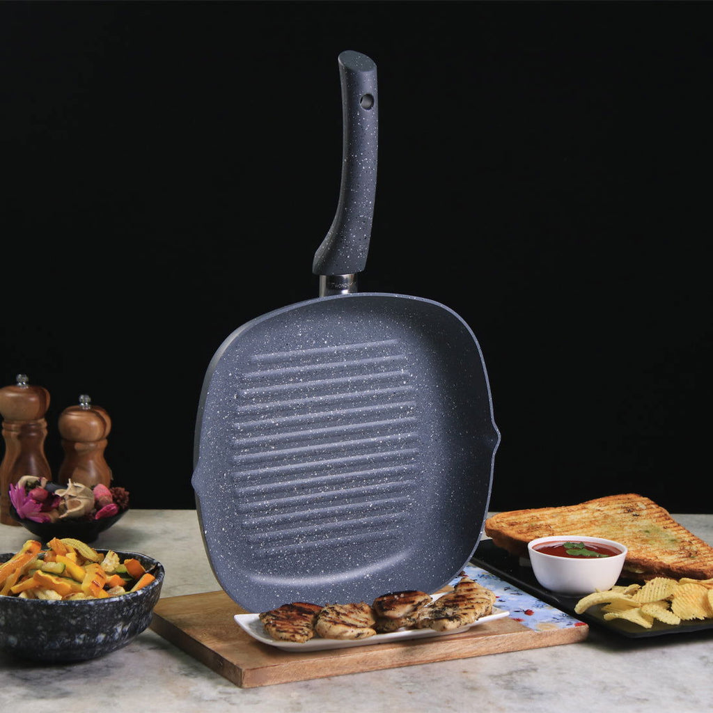 Granite 20 cm Non-Stick Grill Pan | Soft-Touch Handles | Virgin Grade Aluminium | PFOA & Heavy Metals Free | 3.5 mm thickness | Grill Pan Non-Stick | 1.35 liters | 2 Years Warranty | Grey