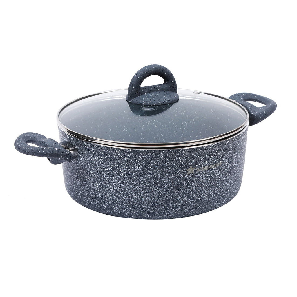 Granite 24 cm Non-Stick Casserole | Glass Lid |Induction Bottom | Soft-Touch Handles | Virgin Aluminium | PFOA and Heavy Metals Free | 3.5mm | 4 liters | 2 Year Warranty | Grey