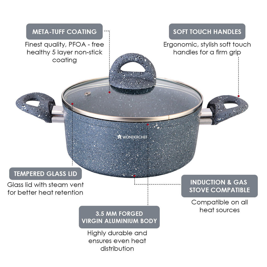 Granite 24 cm Non-Stick Casserole | Glass Lid |Induction Bottom | Soft-Touch Handles | Virgin Aluminium | PFOA and Heavy Metals Free | 3.5mm | 4 liters | 2 Year Warranty | Grey