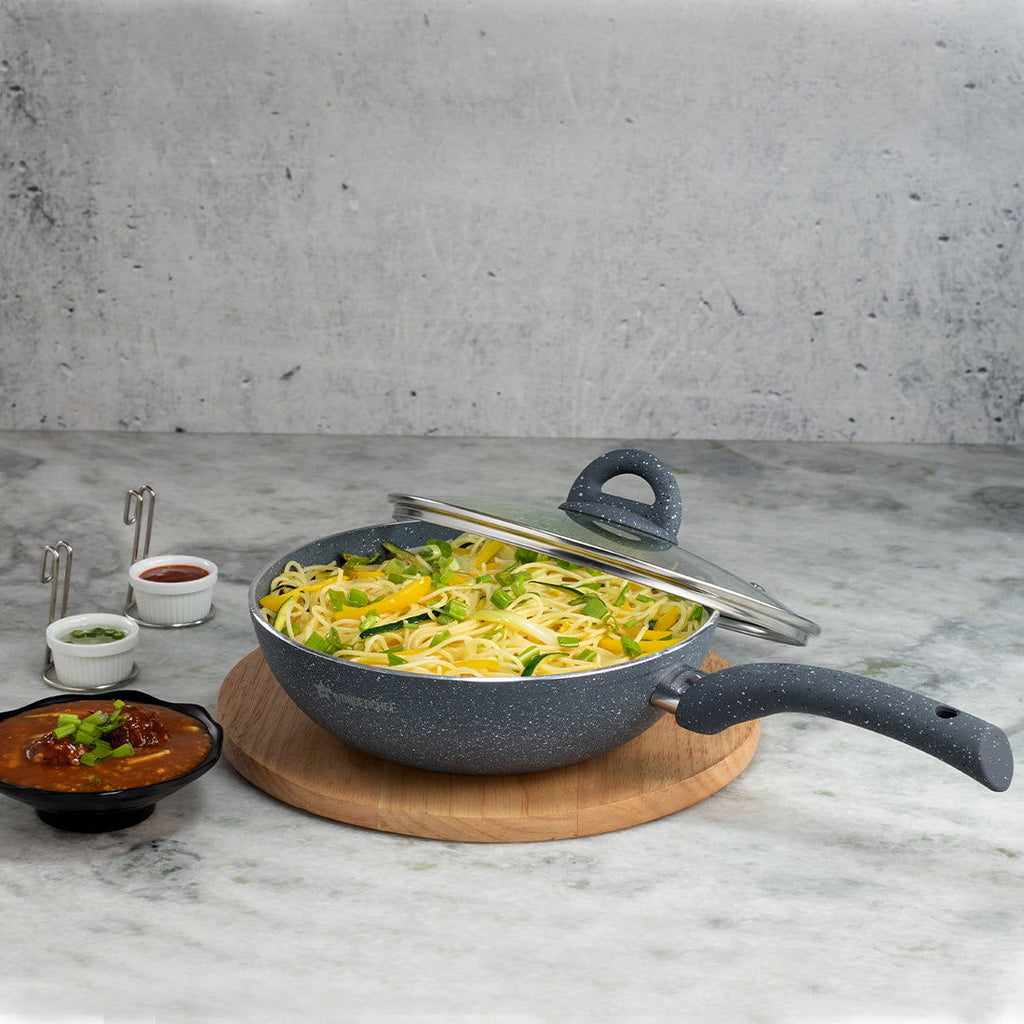 Granite 24 cm Non-Stick Wok | Glass Lid | Induction Bottom | Soft-Touch Handles | Virgin Aluminium | PFOA and Heavy Metals Free | 3.5mm Thick| 24cm, 2.7 litres | 2 Year Warranty | Grey