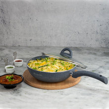 Load image into Gallery viewer, Granite 24 cm Non-Stick Wok | Glass Lid | Induction Bottom | Soft-Touch Handles | Virgin Aluminium | PFOA and Heavy Metals Free | 3.5mm Thick| 24cm, 2.7 litres | 2 Year Warranty | Grey