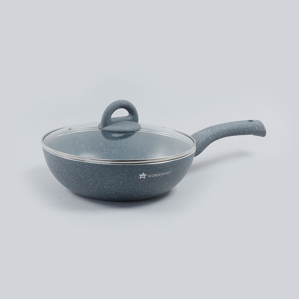 Granite 24 cm Non-Stick Wok | Glass Lid | Induction Bottom | Soft-Touch Handles | Virgin Aluminium | PFOA and Heavy Metals Free | 3.5mm Thick| 24cm, 2.7 litres | 2 Year Warranty | Grey