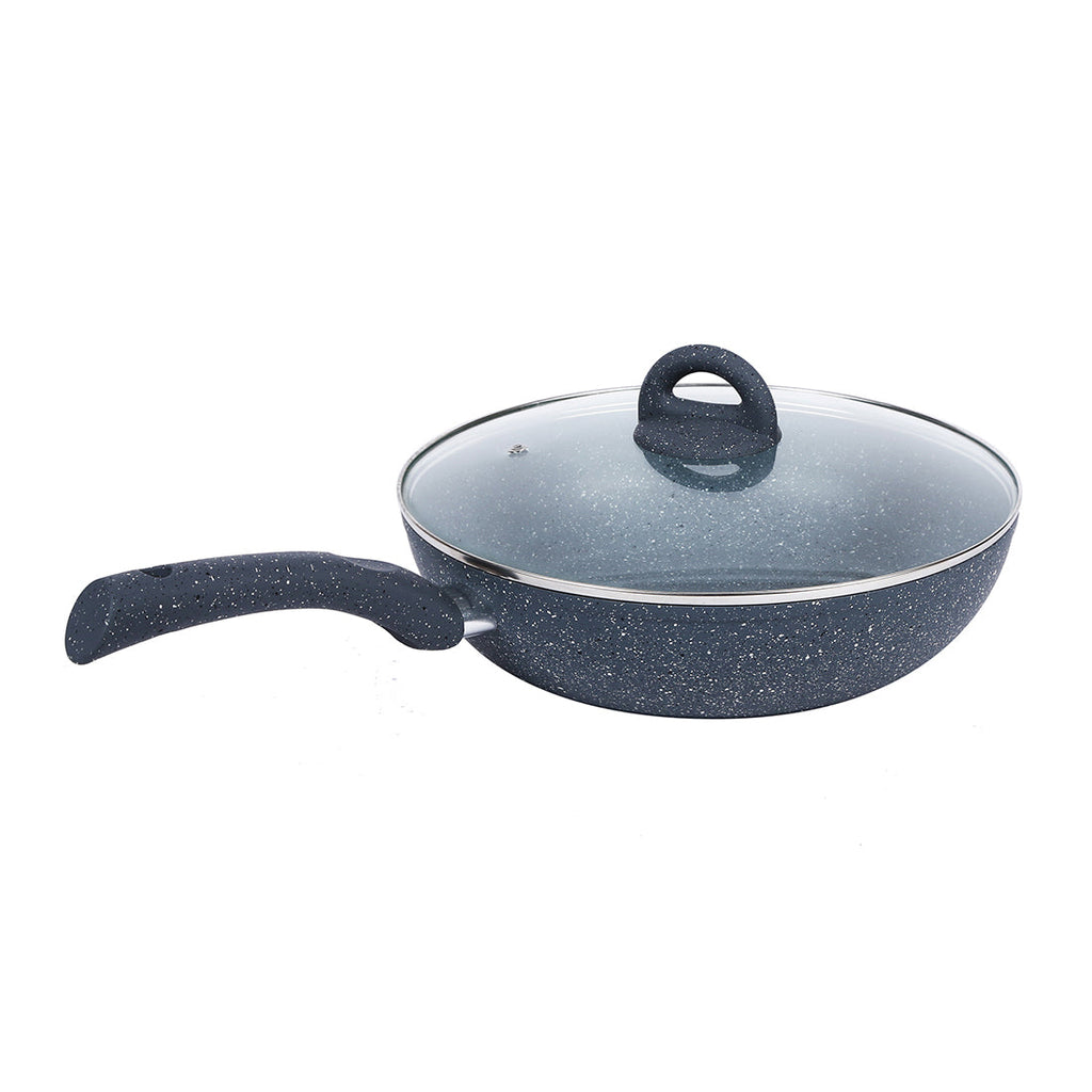 Granite 24 cm Non-Stick Wok | Glass Lid | Induction Bottom | Soft-Touch Handles | Virgin Aluminium | PFOA and Heavy Metals Free | 3.5mm Thick| 24cm, 2.7 litres | 2 Year Warranty | Grey