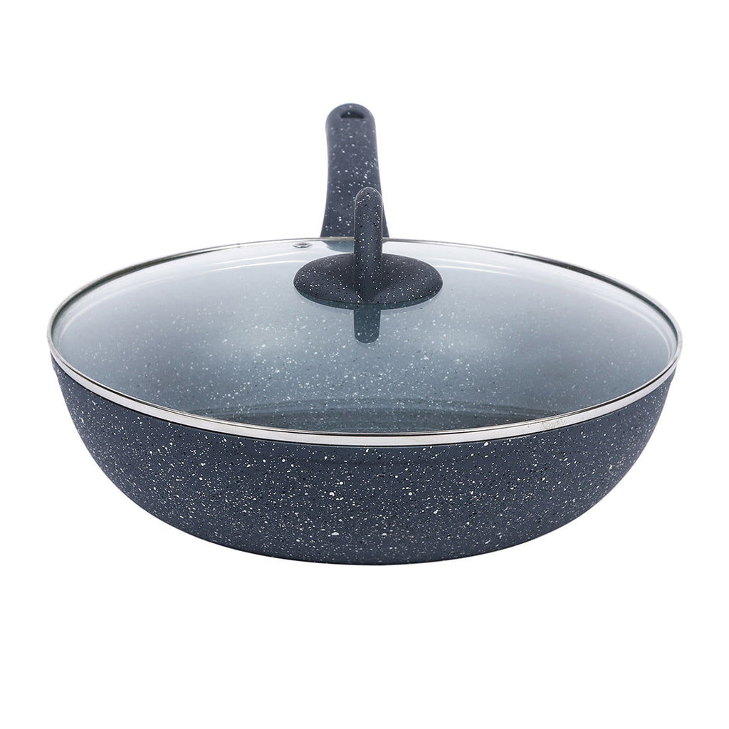 Granite 24 cm Non-Stick Wok | Glass Lid | Induction Bottom | Soft-Touch Handles | Virgin Aluminium | PFOA and Heavy Metals Free | 3.5mm Thick| 24cm, 2.7 litres | 2 Year Warranty | Grey