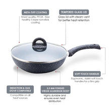 Load image into Gallery viewer, Granite 24 cm Non-Stick Wok | Glass Lid | Induction Bottom | Soft-Touch Handles | Virgin Aluminium | PFOA and Heavy Metals Free | 3.5mm Thick| 24cm, 2.7 litres | 2 Year Warranty | Grey