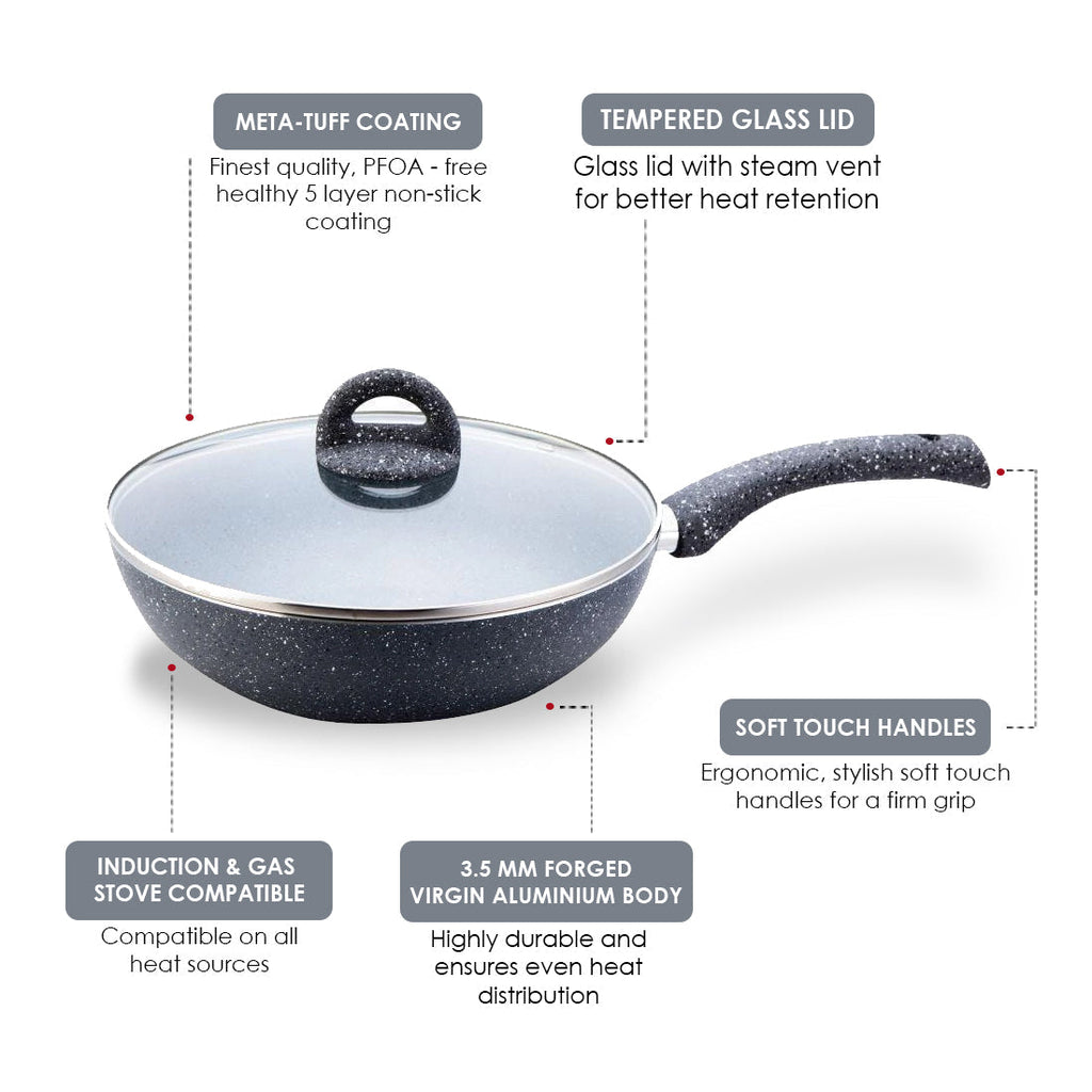 Granite 26cm Non-Stick Wok | Glass Lid | Induction Bottom | Soft-Touch Handles | Virgin Aluminium | PFOA and Heavy Metals Free | 3.5mm Thick| 26cm, 3.1 litres | 2 Year Warranty | Grey