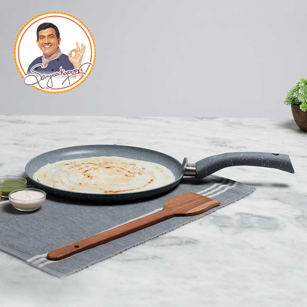 Granite 28cm Non-Stick Dosa Tawa | Induction Bottom | Soft-Touch Handles | Virgin Aluminium | PFOA/Heavy Metals Free | 3.5mm | 2 Year Warranty | Grey