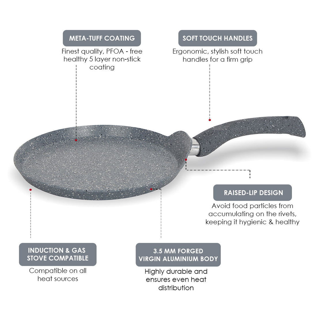 Granite 28cm Non-Stick Dosa Tawa | Induction Bottom | Soft-Touch Handles | Virgin Aluminium | PFOA/Heavy Metals Free | 3.5mm | 2 Year Warranty | Grey