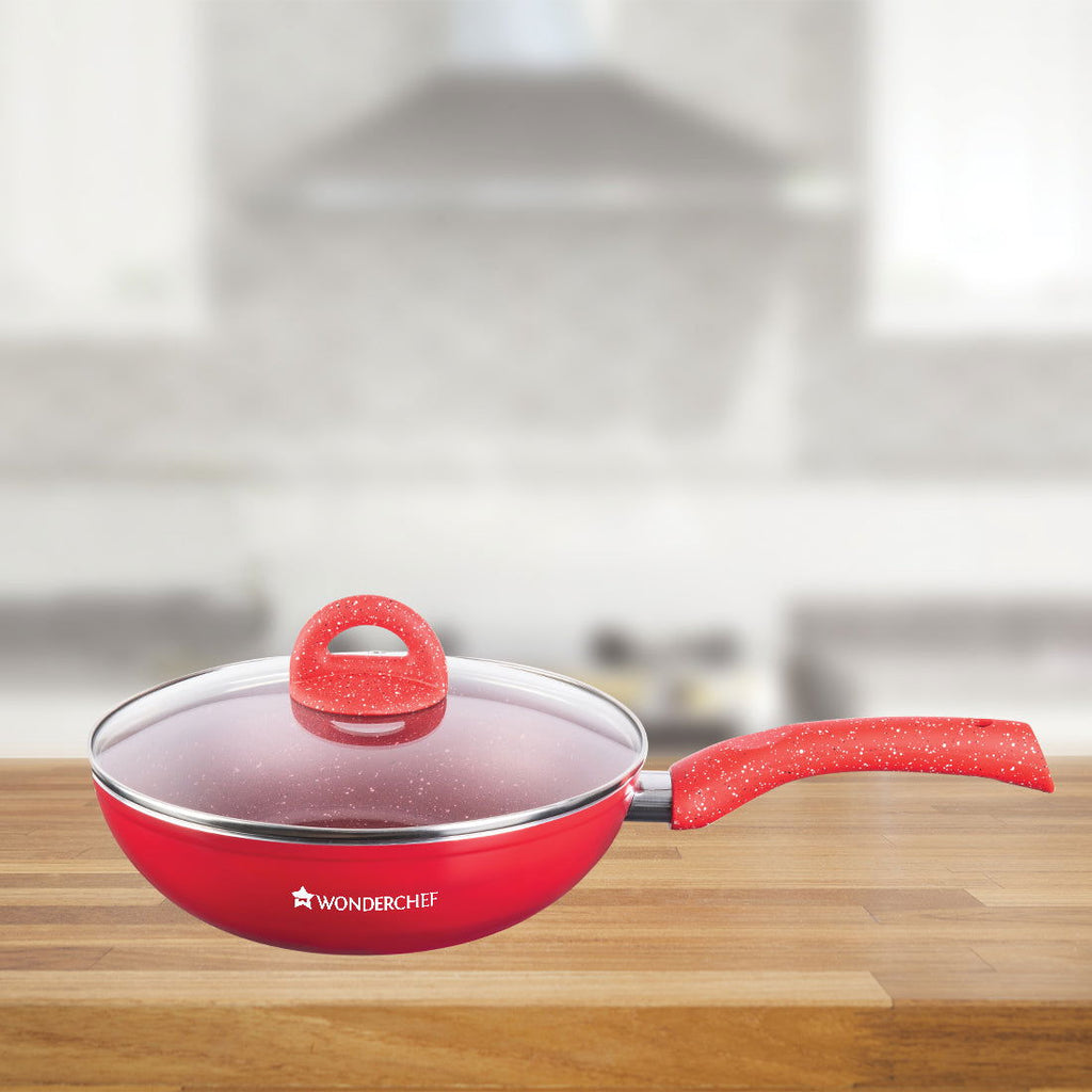 Granite Aluminium Non-stick Wok With Glass Lid, 24cm, 2.7L, 3.5mm, Red, Compatible On Hot Plate, Hobs, Gas Stove, Ceramic Plate And Induction, 2 Years Warranty