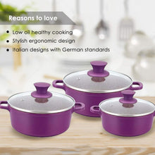 Load image into Gallery viewer, Granite Die-Cast Non-stick 6-piece Casserole Set with Lids, Induction bottom, Soft-touch handles, Virgin grade aluminium, PFOA/Heavy metals free, 3.5mm, 2 years warranty, Purple