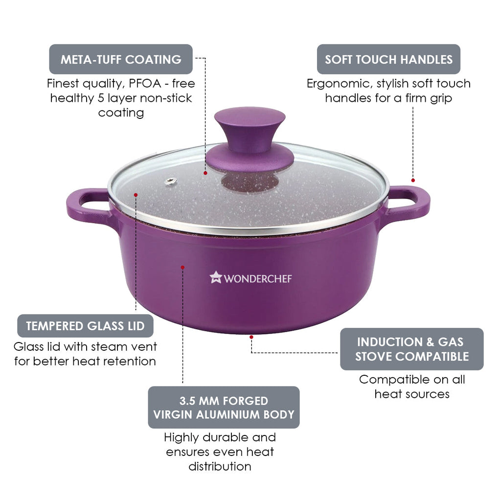 Granite Die-Cast Non-stick 6-piece Casserole Set with Lids, Induction bottom, Soft-touch handles, Virgin grade aluminium, PFOA/Heavy metals free, 3.5mm, 2 years warranty, Purple