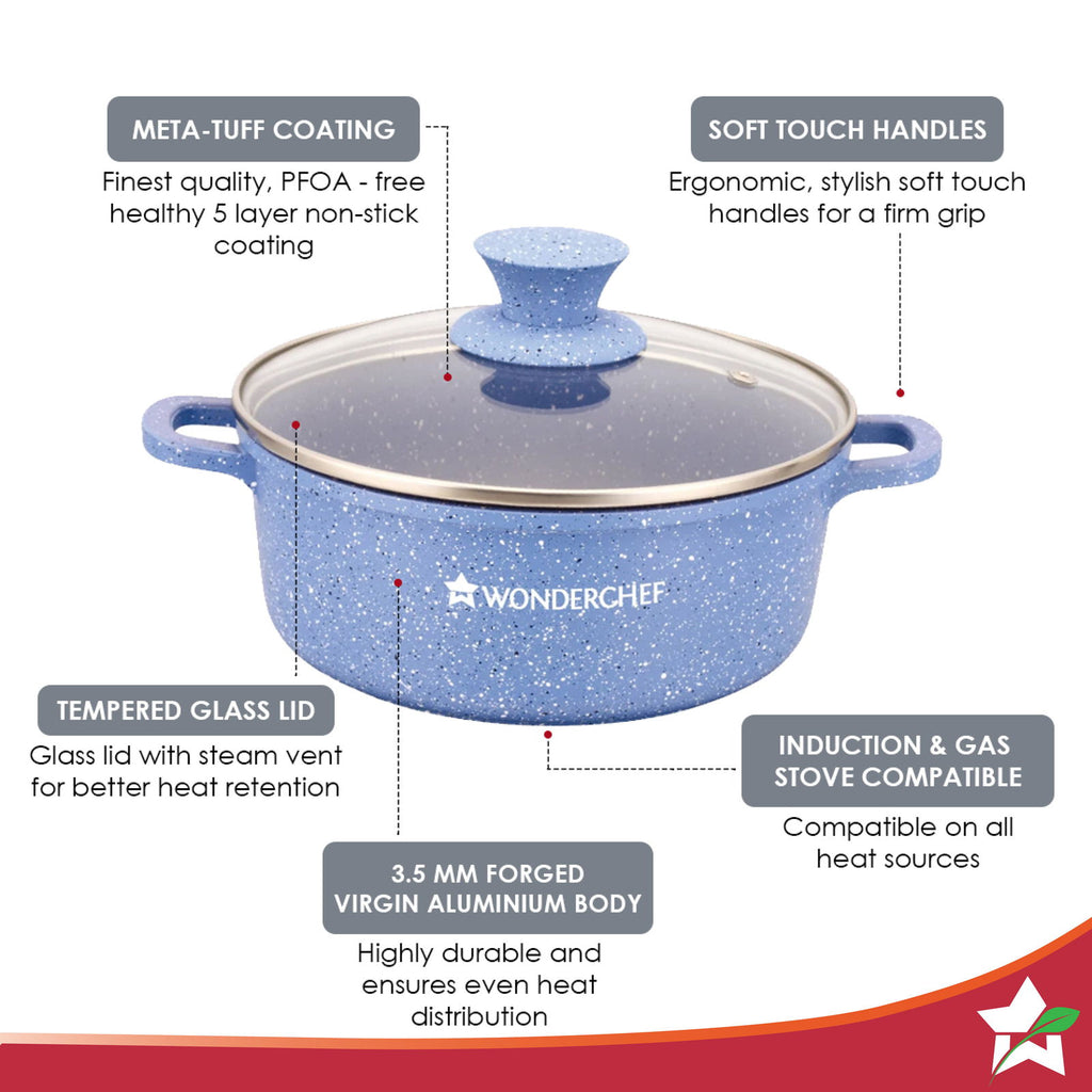 Granite Die-cast Non-stick Casserole Set, 6Pc (1150ML, 2000ML, 4500ML) With Lids, Induction Bottom, Soft Touch Handles, Pure Grade Aluminium, PFOA/Heavy Metal Free, 2 Years Warranty, Blue