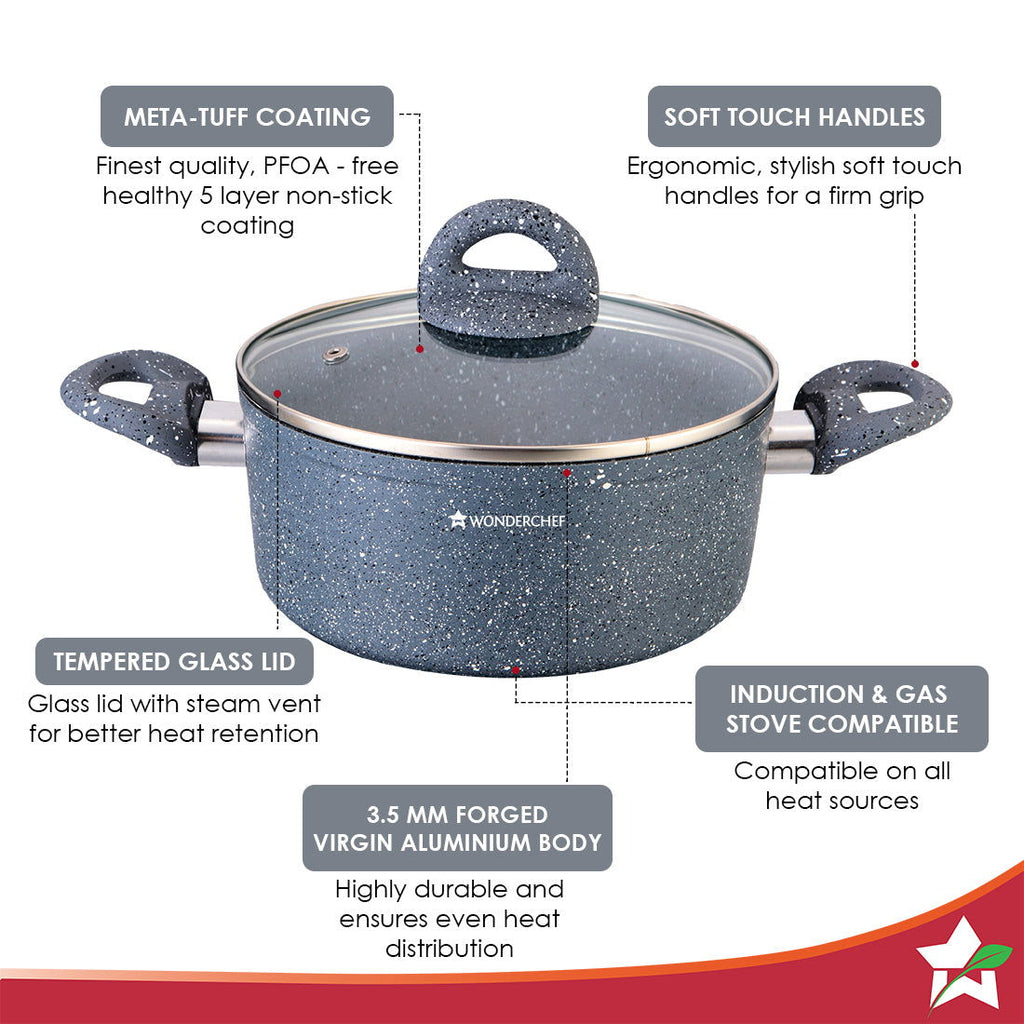 Granite Die-Cast Non-stick Casserole Set, 6Pc (16cm, 20cm, 24cm) Induction Bottom, Soft-touch Handles, Virgin Grade Aluminium, PFOA/Heavy metals free, 3.5mm, 2 years warranty, Black