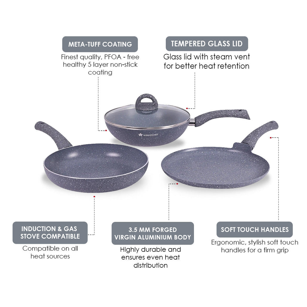 Granite Non-stick Cookware Set, 4Pc (Fry Pan with Lid, Wok, Dosa Tawa), Induction Bottom, Soft-touch Handles, Virgin Grade Aluminium, PFOA/Heavy metals free, 3.5mm, 2 years warranty, Grey