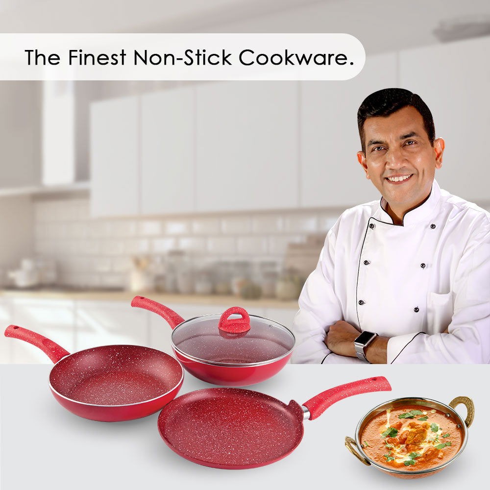 Granite Non-stick Cookware Set, 4Pc (Frying Pan With Lid, Wok, Dosa Tawa), Induction Bottom, Pure Grade Aluminium, PFOA, 3.5mm, 2 Years Warranty, Red