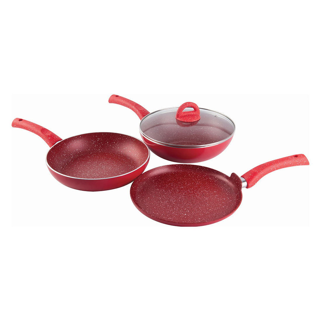 Granite Non-stick Cookware Set, 4Pc (Frying Pan With Lid, Wok, Dosa Tawa), Induction Bottom, Pure Grade Aluminium, PFOA, 3.5mm, 2 Years Warranty, Red