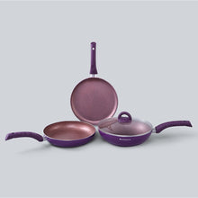 Load image into Gallery viewer, Granite Non-stick Cookware Set, 4Pc (Frying Pan With Lid, Wok, Dosa Tawa), Induction Bottom, Soft-Touch Handles, Pure Grade Aluminium, PFOA, 3.5mm, 2 Years Warranty, Purple