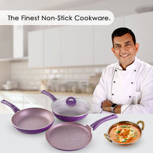 Load image into Gallery viewer, Granite Non-stick Cookware Set, 4Pc (Frying Pan With Lid, Wok, Dosa Tawa), Induction Bottom, Soft-Touch Handles, Pure Grade Aluminium, PFOA, 3.5mm, 2 Years Warranty, Purple