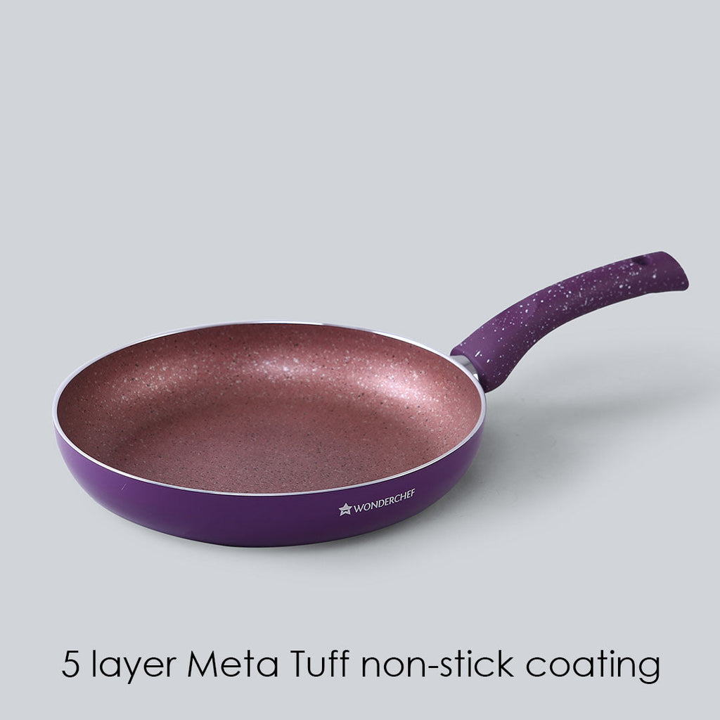 Granite Non-stick Cookware Set, 4Pc (Frying Pan With Lid, Wok, Dosa Tawa), Induction Bottom, Soft-Touch Handles, Pure Grade Aluminium, PFOA, 3.5mm, 2 Years Warranty, Purple