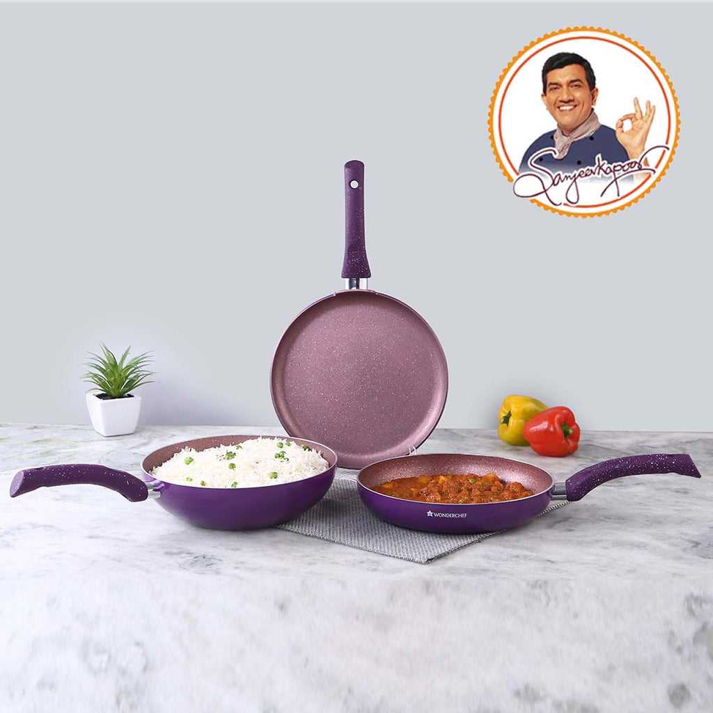 Granite Non-stick Cookware Set, 4Pc (Frying Pan With Lid, Wok, Dosa Tawa), Induction Bottom, Soft-Touch Handles, Pure Grade Aluminium, PFOA, 3.5mm, 2 Years Warranty, Purple