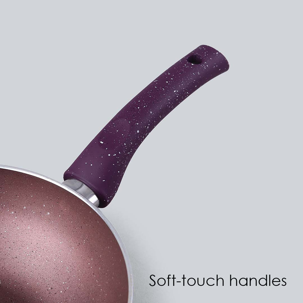 Granite Non-Stick Wok | Glass Lid | Induction Bottom | Soft-Touch Handles | Virgin Aluminium | PFOA and Heavy Metals Free | 3.5mm Thick| 24cm, 2.7 litres | 2 Year Warranty | Purple