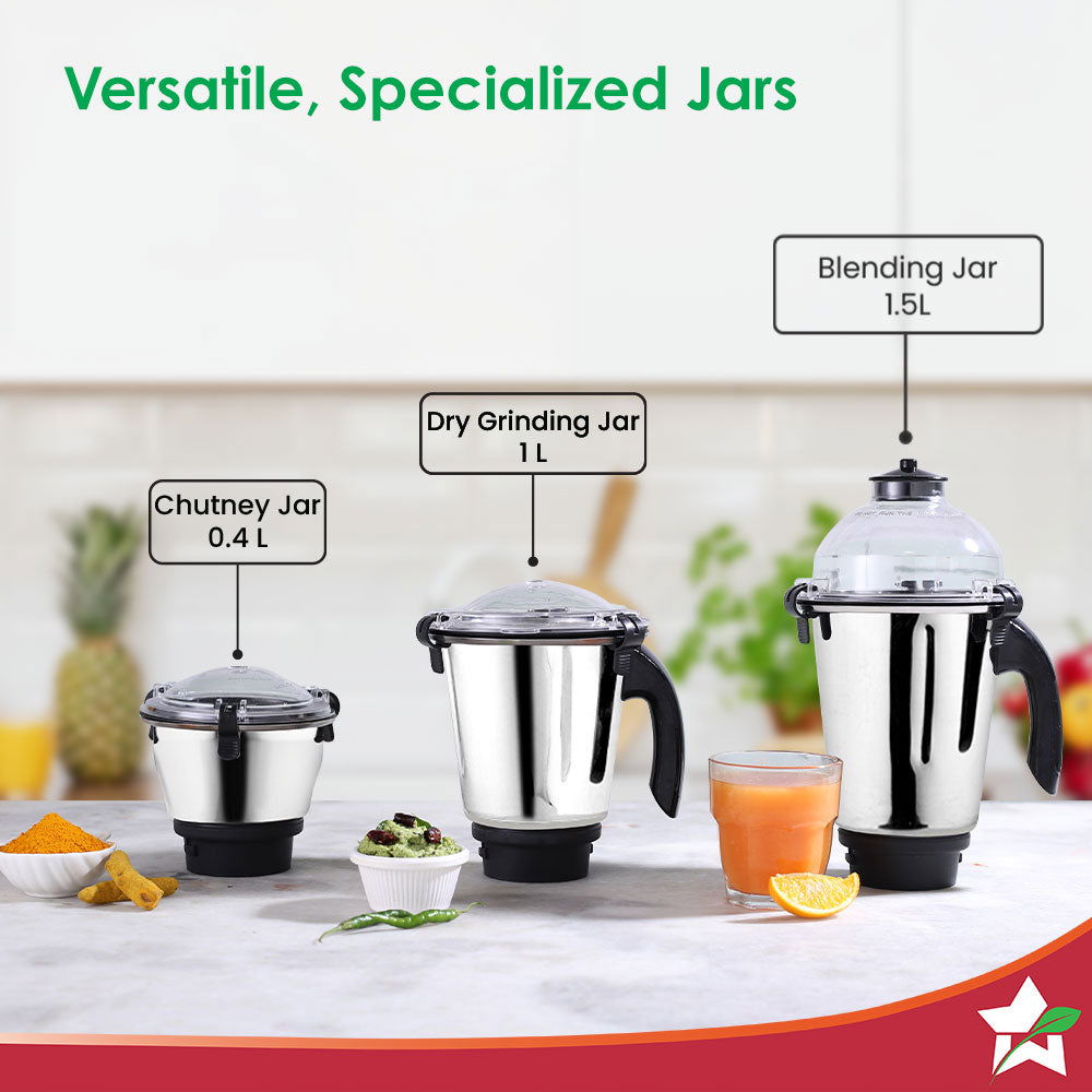 Hush BLDC Mixer Grinder | 3 Jars for Blending, Dry Grinding, Chutney Grinding | Low Friction | Low Noise | Conserves Power | Grind Masalas, Nuts, Coconut to Fruits/Vegetables | RPM 18,000