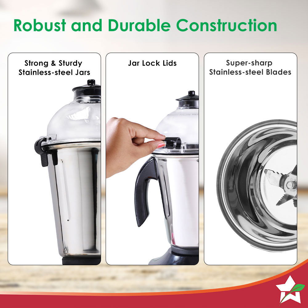 Hush BLDC Mixer Grinder | 3 Jars for Blending, Dry Grinding, Chutney Grinding | Low Friction | Low Noise | Conserves Power | Grind Masalas, Nuts, Coconut to Fruits/Vegetables | RPM 18,000