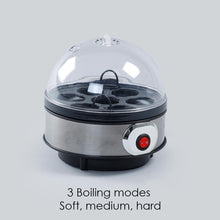 Load image into Gallery viewer, Instant Electric Egg Boiler with 7 Egg Poachers|3 Boiling Modes, Soft, Medium, Hard| Auto Shut Off Technology| Non-stick Egg Rack, Transparent Lid, Stainless Steel Body &amp; Heating Plate, Steamer Rack| Alarm| Easy &amp; Quick Operation| Black| 2 Year Warranty