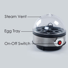 Load image into Gallery viewer, Instant Electric Egg Boiler with 7 Egg Poachers|3 Boiling Modes, Soft, Medium, Hard| Auto Shut Off Technology| Non-stick Egg Rack, Transparent Lid, Stainless Steel Body &amp; Heating Plate, Steamer Rack| Alarm| Easy &amp; Quick Operation| Black| 2 Year Warranty