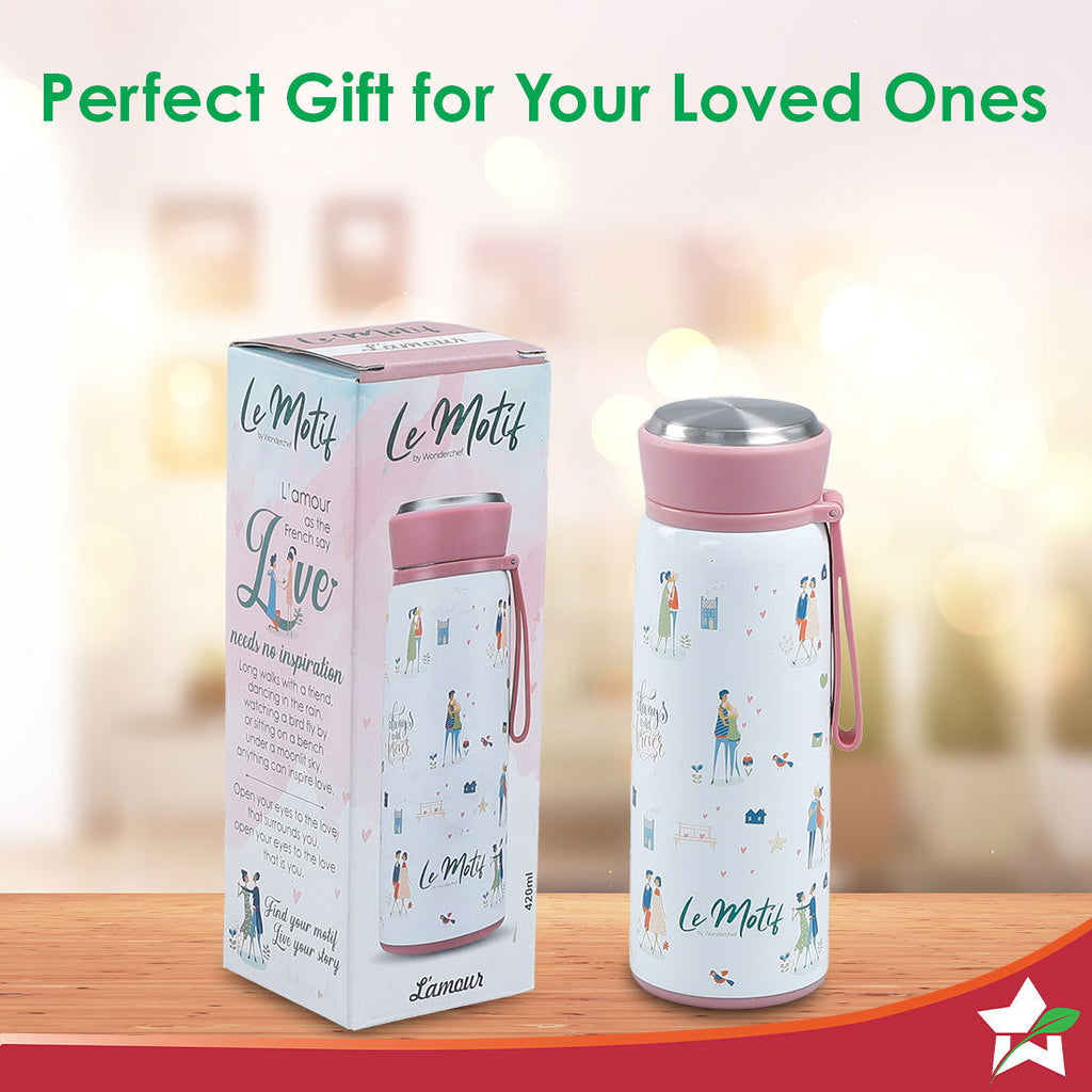 Le Motif L'amour, 420ml, Stainless Steel Double wall Water Bottle, 3D Embossed Design, Spill & Leak Proof, 2 Years Warranty