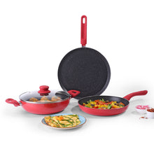 Load image into Gallery viewer, Milano Non-stick Cookware 4 Pc Set | Dosa Tawa, Fry Pan, Kadhai for cutlets, curries, dosas | PFOA Free | Virgin Aluminium | Energy Efficient | Dishwasher Safe | 2-year Warranty | Red&amp;Black